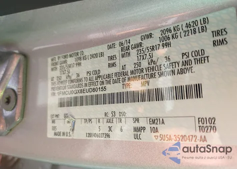 2014 Ford Escape Se z USA, uszkodzony, nr VIN 1FMCU0GX8EUD80155